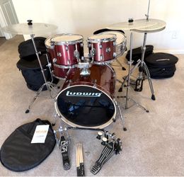 Ludwig Element Evolution complete 5 piece drum set fusion size 22” bass new quiet cymbals duble pedal roadrunner bags throne stands hihat $600 cash in