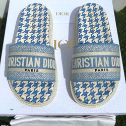 DIOR D-WAY BLUE WHITE EMBROIDERED LOGO PLATFORM SLIDE SANDALS SZ 37.5 NEW