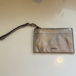 Fossil Wristlet Leather Gold Champagne Wallet Clutch Top Zip Wristlet Strap
