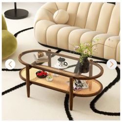 2-Tier 40 in. Brown Oval Tempered Glass Top Coffee Table with PE Rattan Shelf And Acacia Wood Frame