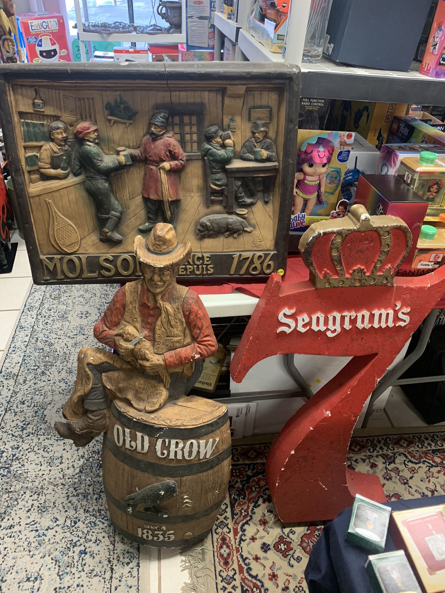 Vintage Styrofoam BEER & WHISKEY ADVERTISING SIGNS - Seagrams 7, Old Crow, Molson