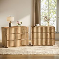 S348-Extra Large Wood Fluted Nightstands Set of 2, 3 Drawers Dresser with Storage for Bedroom, Chest of Drawers for Living Room, Light Brown (2)