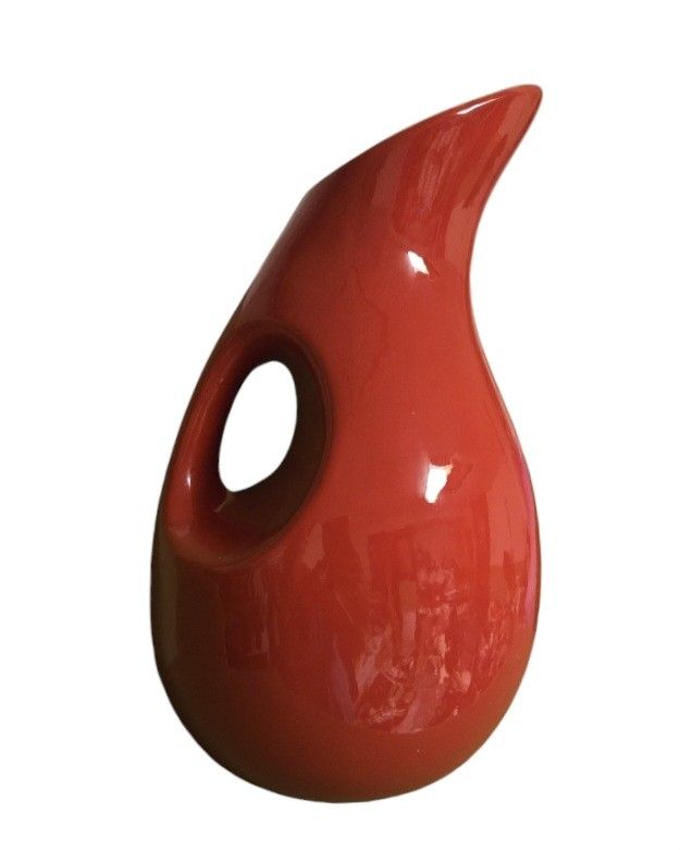Red hand- painted ceramic water pitcher with ergonomic handle