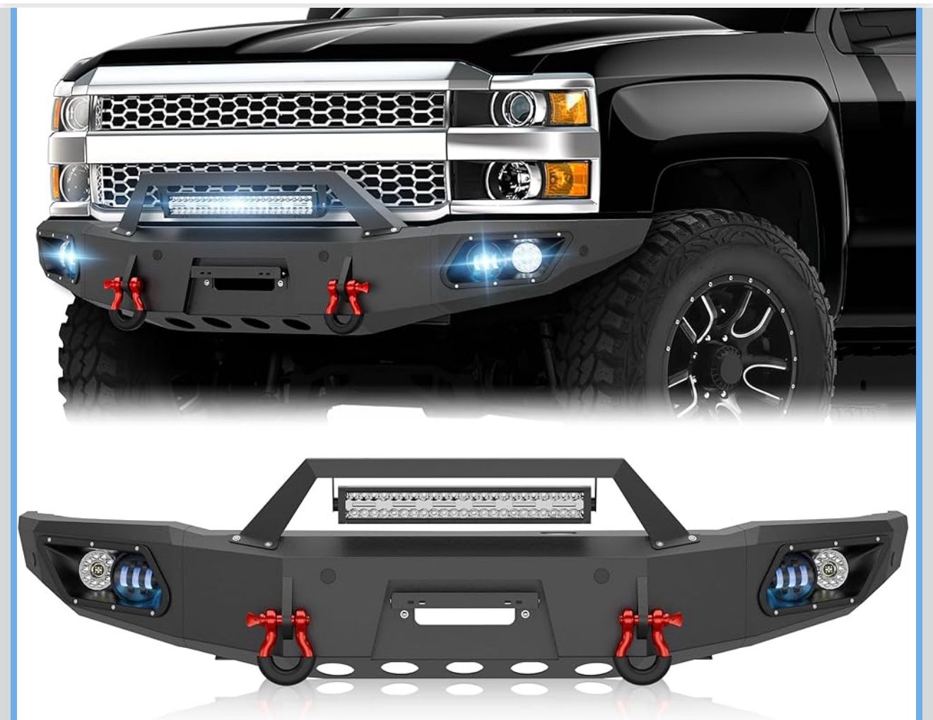 Pickup Truck Front Bumper Compatible with 2015-2019 Chevy Silverado 2500— 3500–HD Off-Road Bumper Equipped with Winch Plate, Sensor Holes, 5 x LED Lig