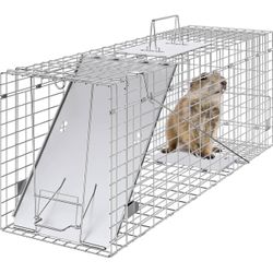 Live Animal Cage Trap, 31" x 10" x 12" Humane Cat Trap Galvanized Iron, Folding Animal Trap with Handle for Rabbits, Stray Cats, Squirrels, Raccoons, 