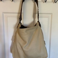 Tylie Malibu Beige Leather Seude Crystal Flower Strap Purse 