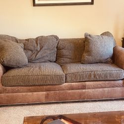 Soft Brown Leather and Woven Fabric Couch And Oversized Chair And Ottoman