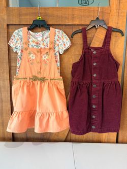 2 Overall Girls Dresses (Peach Embroidered & Burgundy Corduroy) Size 6