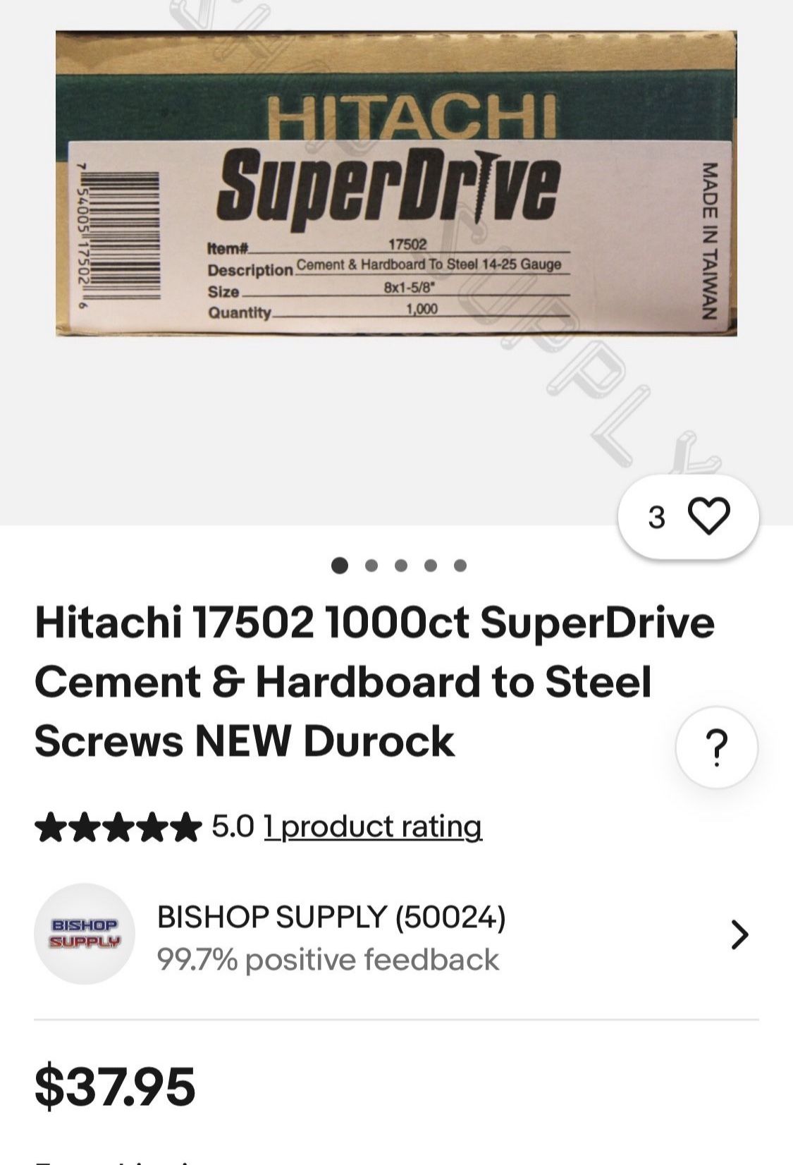 Hitachi 17502. SuperDrive Cement & Hardboard to Steel Screws NEW Durock