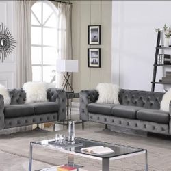 Grey Or Blue Velvet tufted sofa & loveseat $999