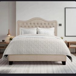 Upholstered QUEEN Bed Frame - Luxurious Headboard, Elegant Platform Design, Beige B-25