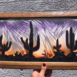 vintage Framed desert Cactus scene stained glass artwork $55.00 22x11/ Fcfs