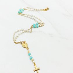 14kt Gold Filled Rosary Ladies Religious Necklace Turquoise  Virgin  Rosario Oro Laminado 