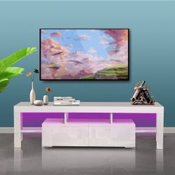 White Modern TV Stand with 16-Color LED Lights and 2 Large Storage Drawers for TVs Up to 70 Inches