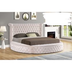 Brand New White Velvet Button Tufted Glam Round Bed With Storage All The Way Around