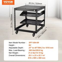 9U Open Frame Server Rack, 23''-40'' Adjustable Depth, Free Standing or Wall Mount Network Server Rack with 360° Casters, Heavy Duty 4 Post Holds All 
