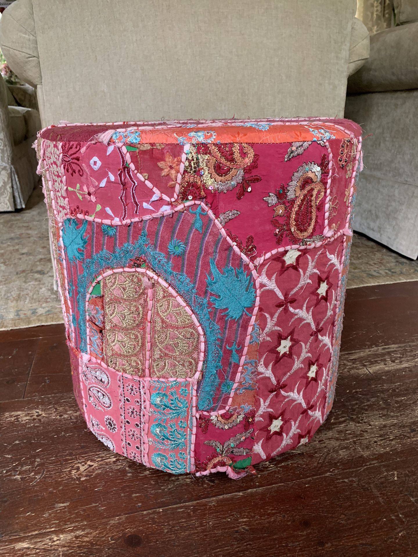 Boho Vintage  Embroidered Patchwork  Pouf Ottoman Foot Stool  One Of A Kind 