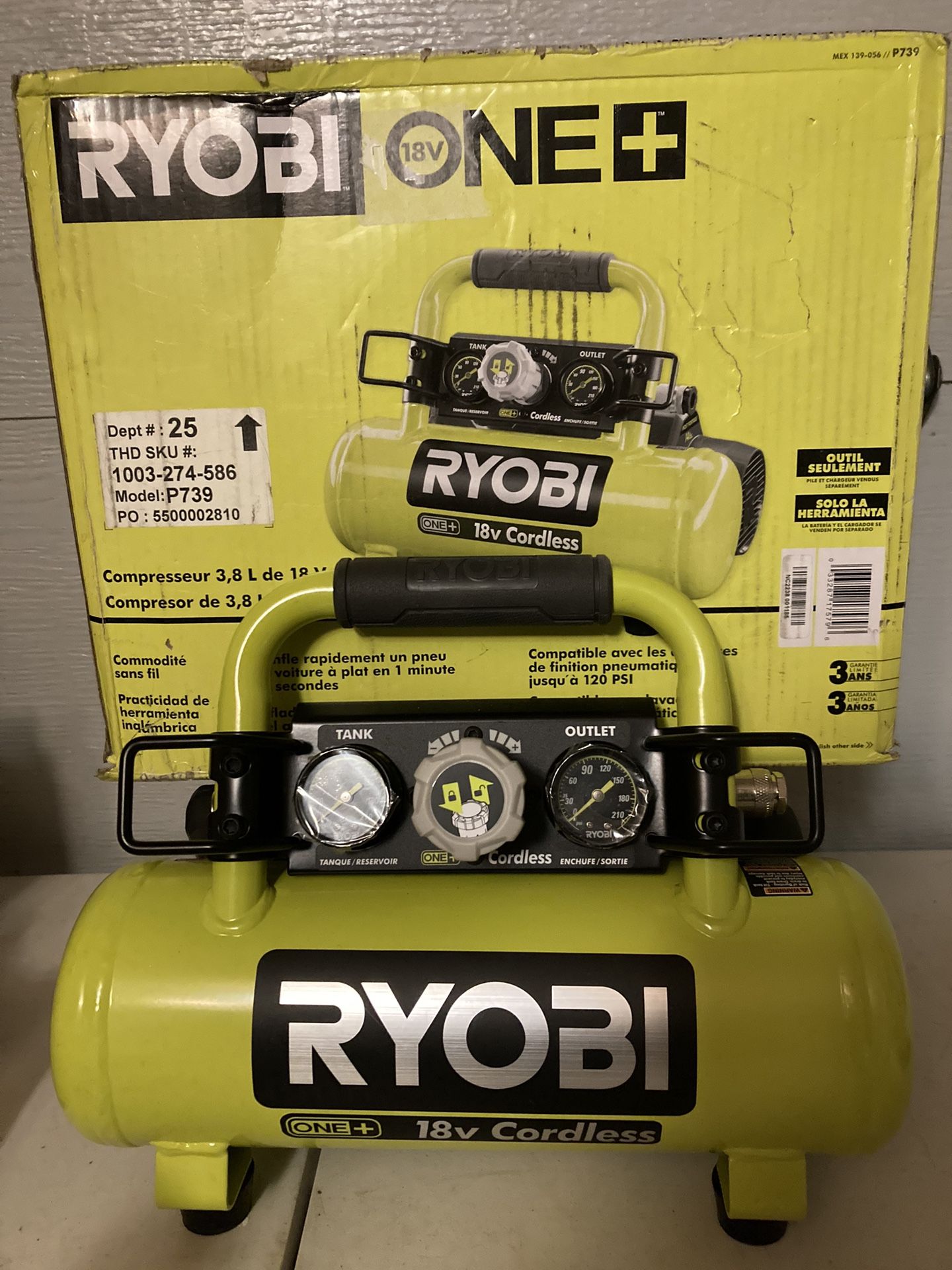 RYOBI P739 CORDLESS 18v 1 GALLON COMPRESSOR 120 PSI 18 VOLT TOOL ONLY