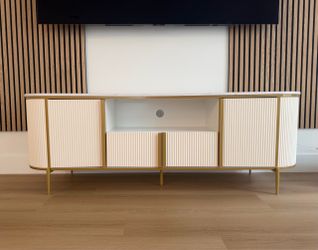 Modern Fluted TV Stand with Faux Marble Top & Gold Legs, Media Console