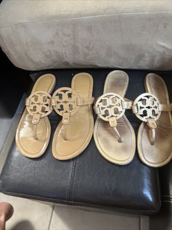 Tory Burch Miller Sandals Logo Sweet Tooth  Size 8 Leather/ Tan And Gold Color