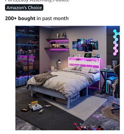 New White Bed Frame with LED Headboard Storage