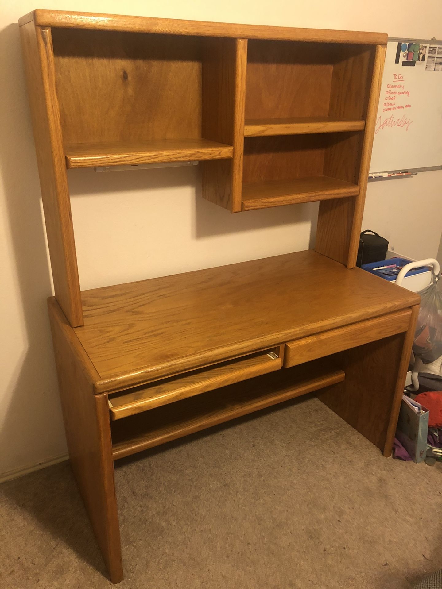 Solid wooden desk with shelving unit