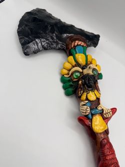 Vintage Mexican Aztec / Mayan Style Black Obsidian Ceremonial Sacrificial Axe & Rain Stick – 20” Long