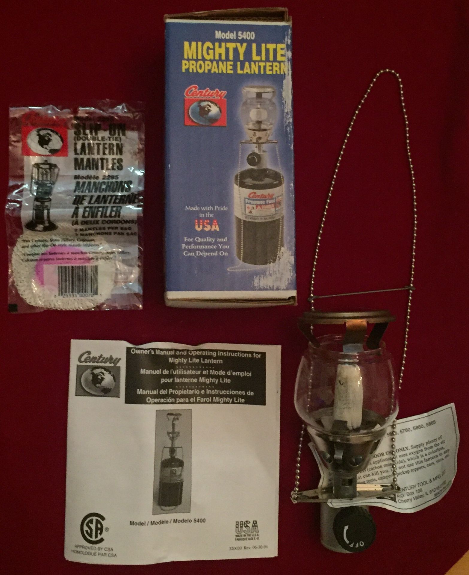 NIB Century Mighty Lite Propane Lantern Model 5400 W/ Slip On Mantles & Instructions