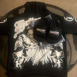 White and black Hellstar Hoodie and Black Balenciaga Slides