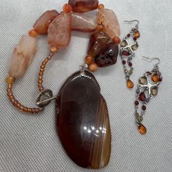 Vintage Raw Amber Like Crystal Beaded Necklace & Earring Set