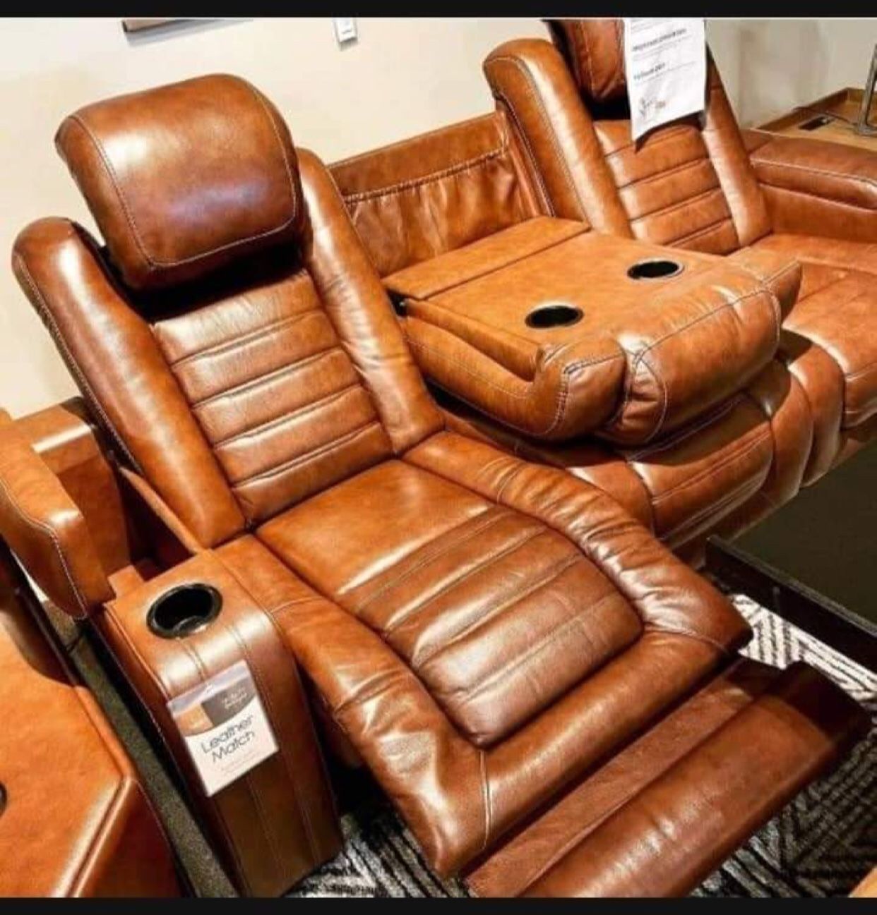 Brown Leather Sofa And Loveseat With Console Storage , Cup Holders, Flip Down Table, USB Port✅ Living Room Set 💥