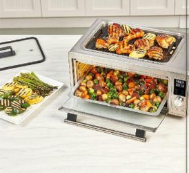 Emeril Power Grill 360, 6-in-1 Countertop Convection Toaster Oven with Top Indoor Grill, Air Fry, Roast, Toast, Bake, Dehydrate, Glass Lid, Stainless 