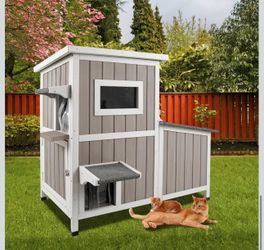 36.1" L Outdoor Cat House,2 Story Wooden Outdoor Cat Shelter with 3 Escape Doors,Weatherproof Fir Wood Feral Cat House with 2 Big Rest Rooms & Openabl