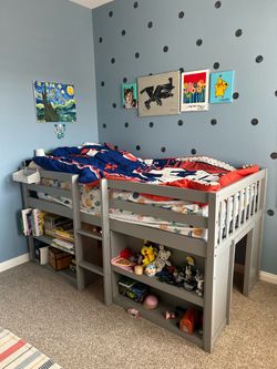 Gray Kids Low Loft Bed with Storage Shelves
