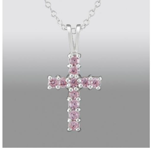 Girls Pink Cubic Zirconia Cross Pendant in Sterling Silver