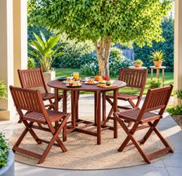Acacia Wood 5-Piece Dining Set, Folding Round Table with Umbrella Hole, Wheels and Stowable Dining Chairs