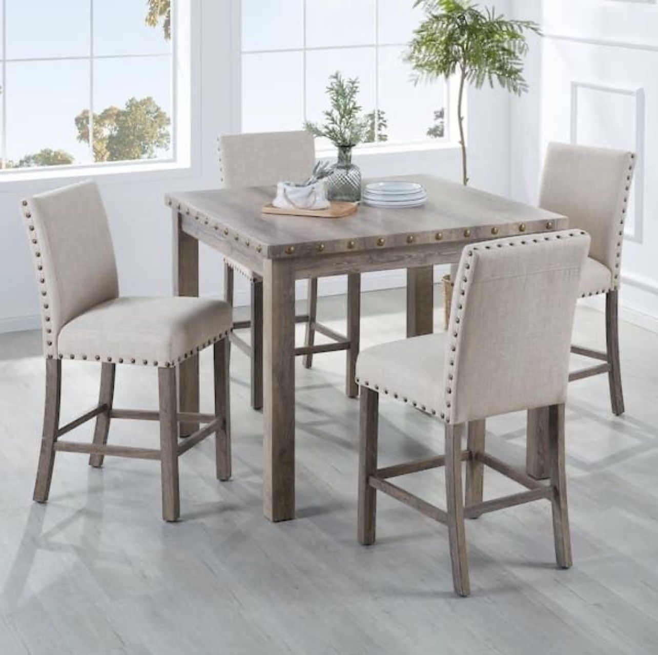 5-Piece Rural Log Wood Counter Height Dining Room Set Square Table Cushioned Chair