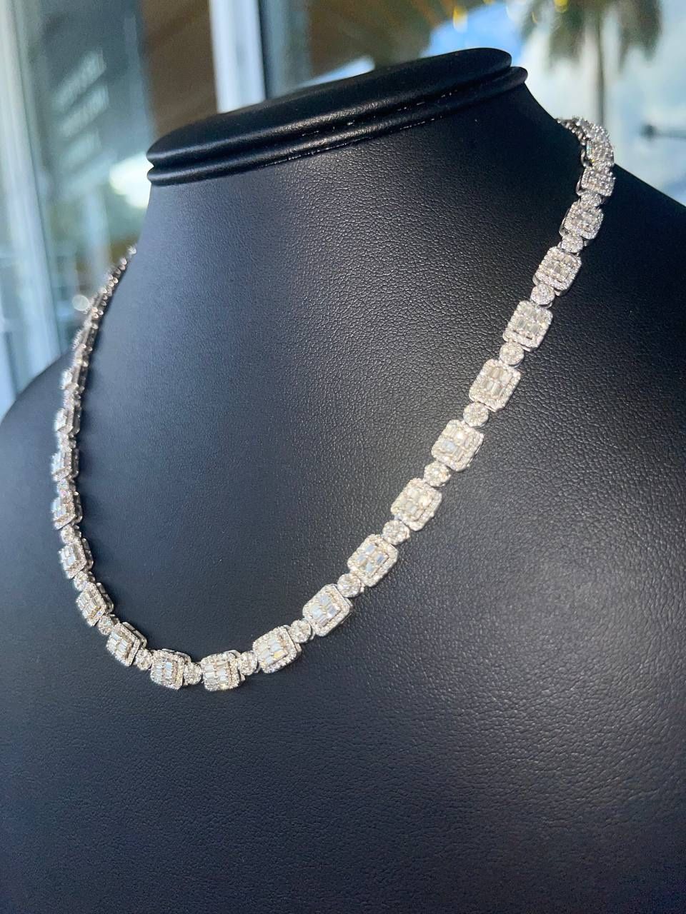 14k solid white gold vvs diamond baguette and round stones natural necklace pave flower set