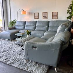 Free Delivery - Blue Genuine Leather Power Reclining Sectional with Chaise