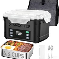 New-AMZCHEF Cordless Electric Heated Lunch Box: 5-SIDED Heating Lunch Box,XL 6.3-Cup Rechargeable Heated Lunch Box with Memory Function, 27000mAh Lunc