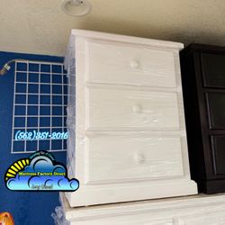 Three Drawer White Pinewood Nightstand Dresser