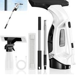 Window Vacuum Squeegee with Long Handle, 2000Pa Electric Window Squeegee with 31-40" Extendable Pole, Window Cleaning Tool with 2200mAh and 150ml Dirt