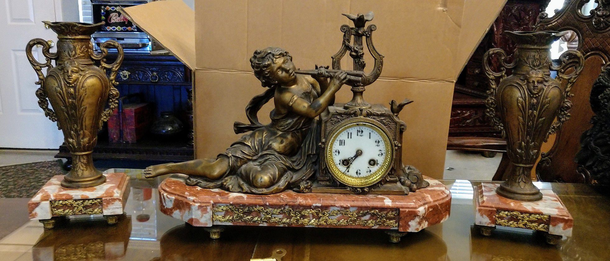 Antique bronze statue clock 8 day clock 1850s