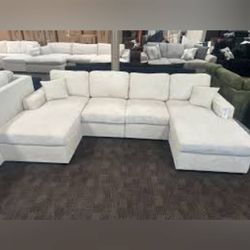 Ivory corduroy double chaise sectional sofa