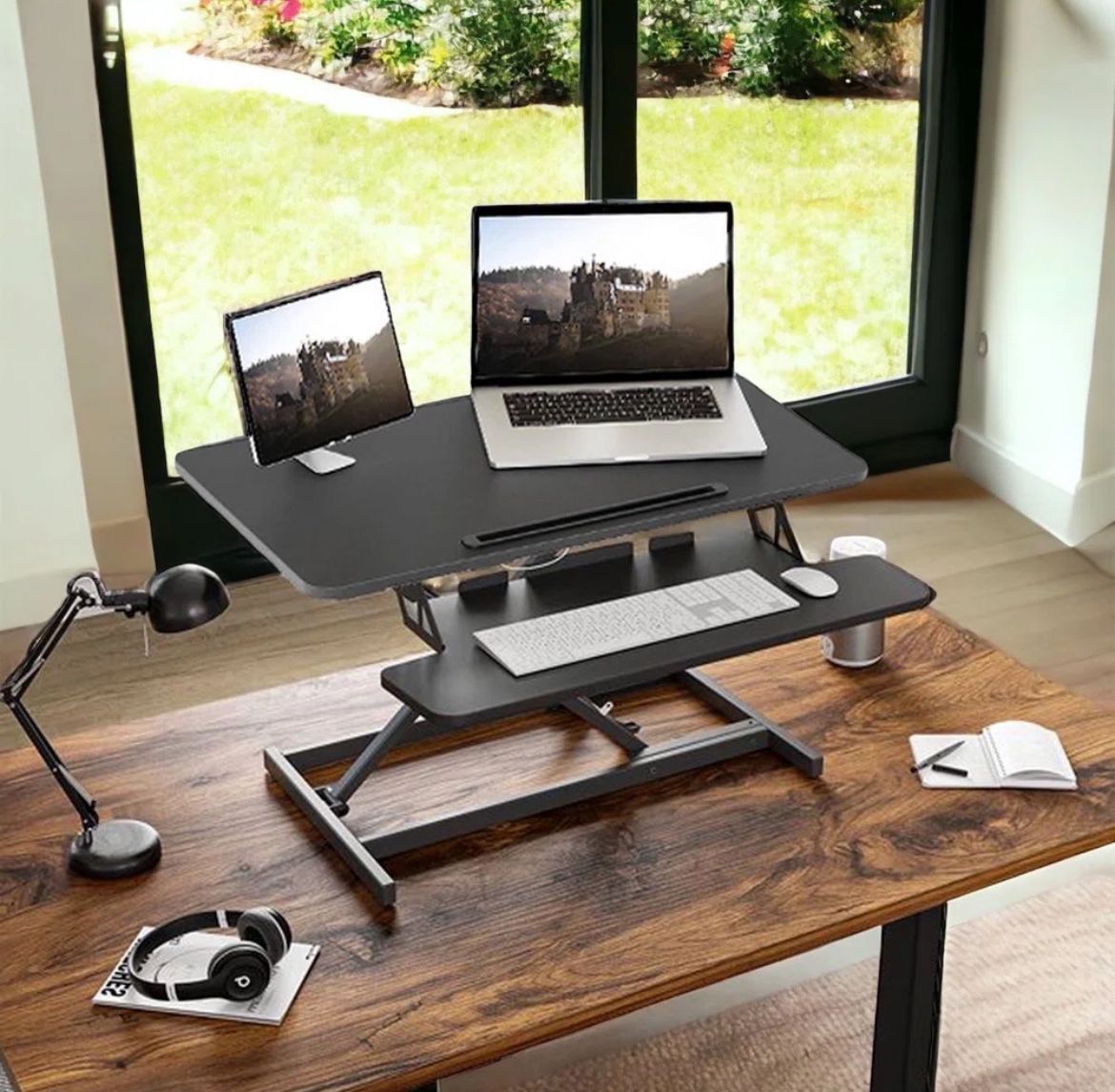 Standing Desk Converter 34.6" Adjustable Stand-Up Computer Riser – Adjustable Height (4in To 19in) Incl. Cable Ties – Laptop Cellphone Stand Placehold