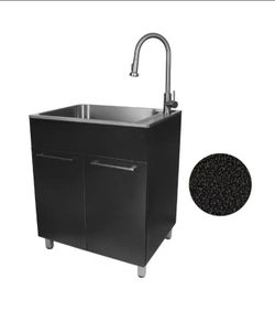Glacier Bay 28 in. W x 10 in. D x 22 in. L Freestanding Stainless Steel Laundry Sink with Faucet and Double Door Cabinet in Black