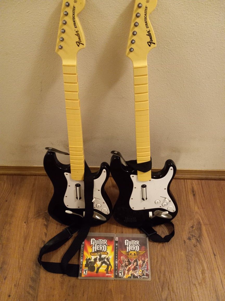 2 PS3 PlayStation 3 Guitar Hero/Rock Band Guitars And 2 Games