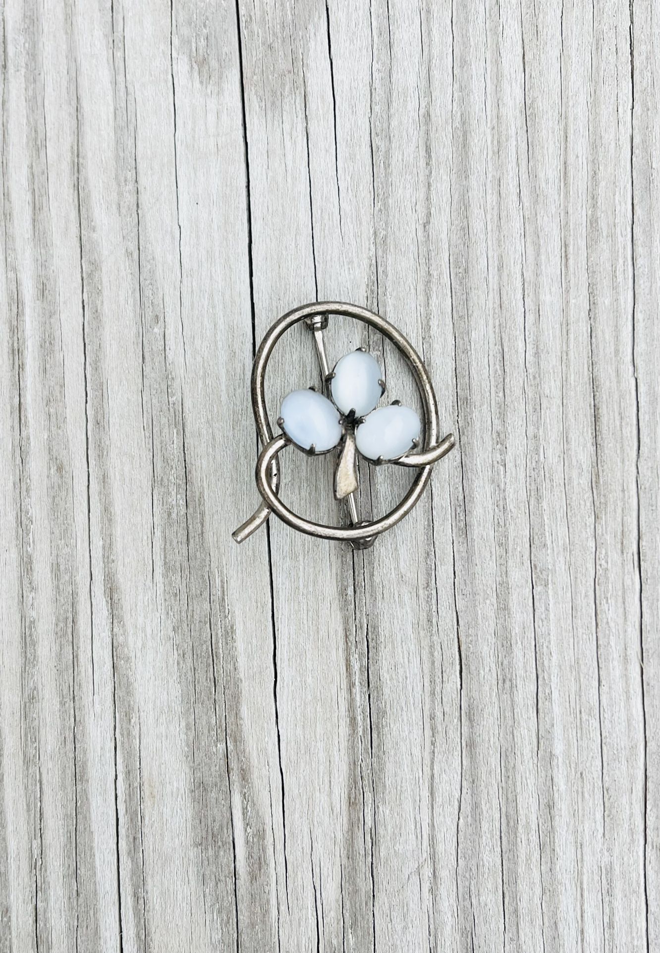 Vintage WRE Sterling Moonstone Shamrock Brooch