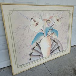 Painting Framed Artwork Flowers Flower Vase Vintage Floral Beachhouse Condo Wall Decor