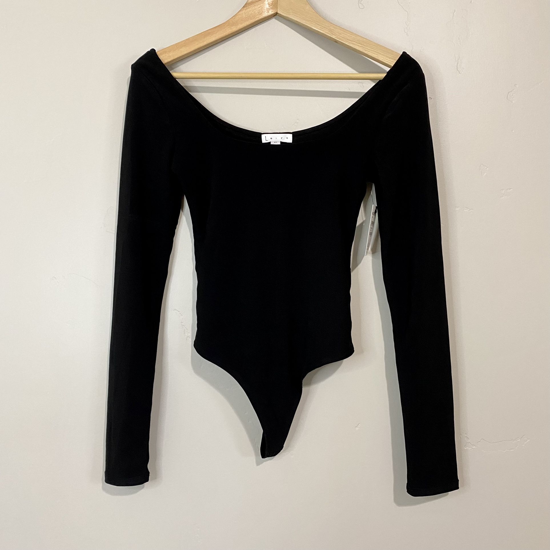 Leith Women’s Ballerina Double Scoop Neck Long Sleeve Bodysuit Black NWT